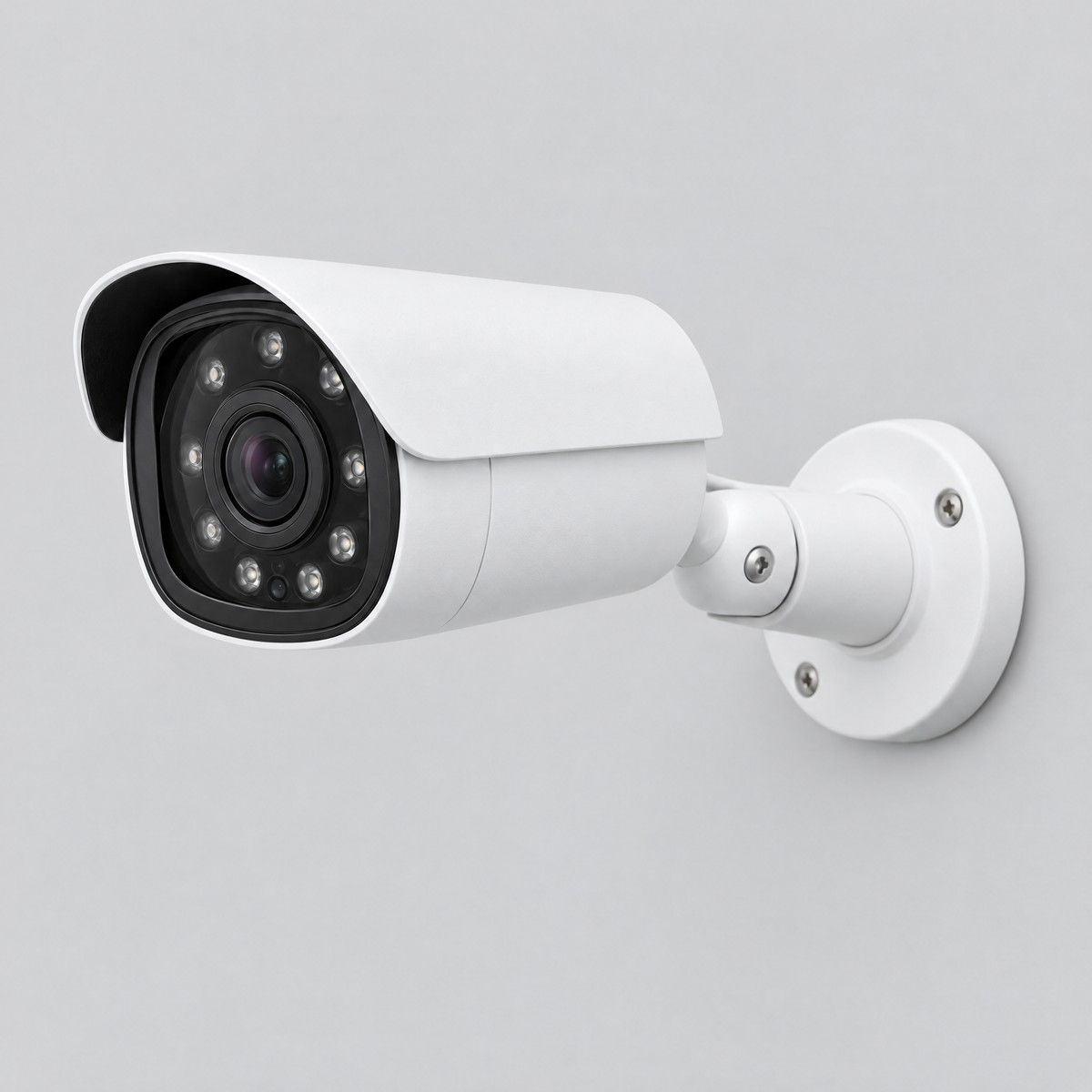 A generic white outdoor bullet camera on a wall bracket