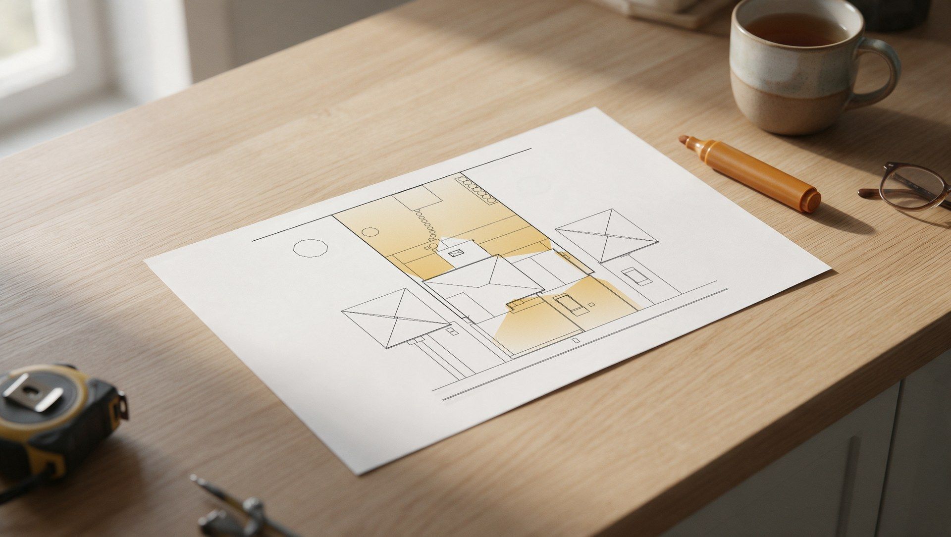 The survey drawing printed out on a kitchen table, with a pencil