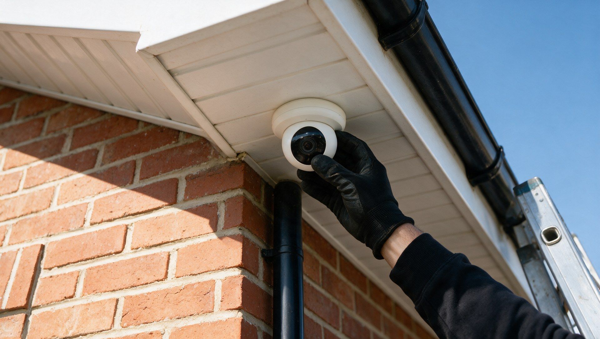 A gloved hand fixing a white turret camera flat to the underside of the soffit, no cable showing