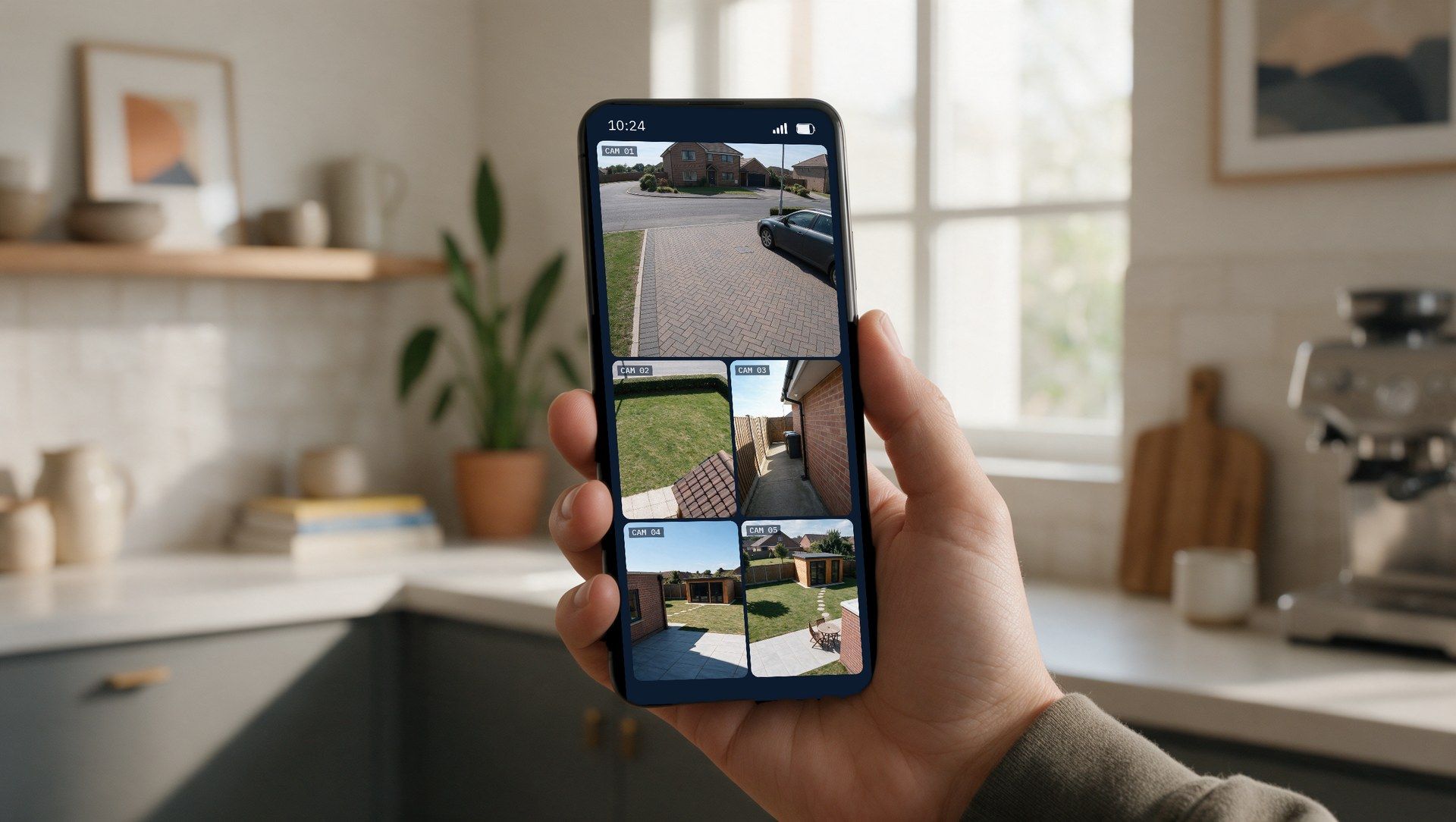 A phone in a kitchen showing all five camera views of the house