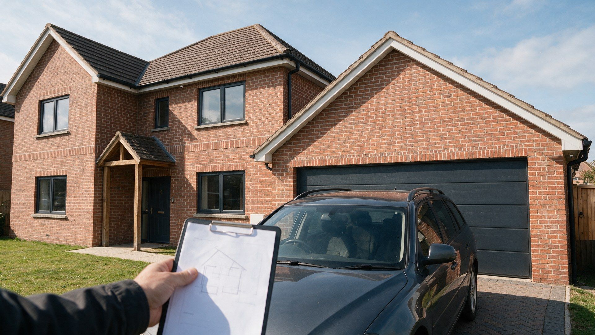 A hand holding a clipboard with a house plan on the drive, the house and garage behind