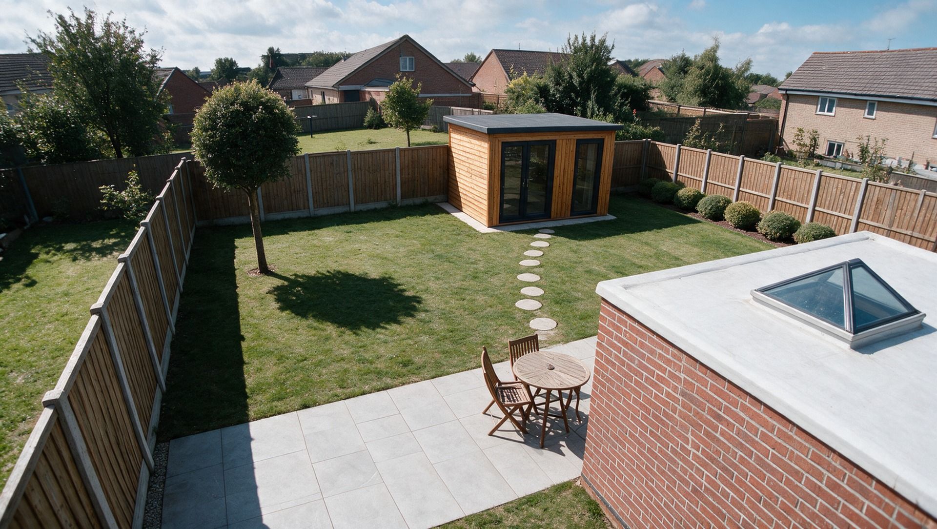 The garden and patio camera's view, with the gardens over the fences hatched out